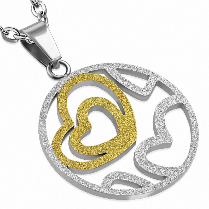 Pendentif cercle à coeur ouvert en forme de coeur en acier inoxydable sablé à 2 tons