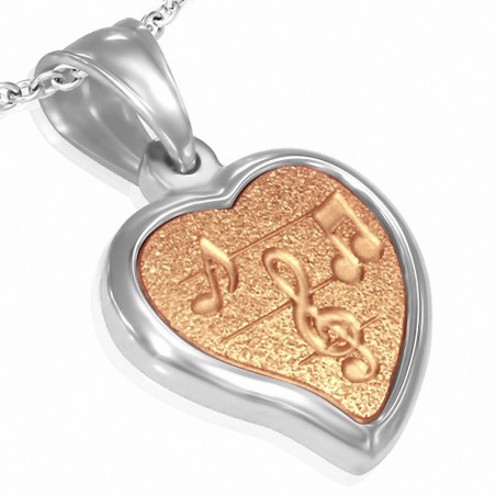 Pendentif coeur avec notes de musique en acier inoxydable argenté/rosé