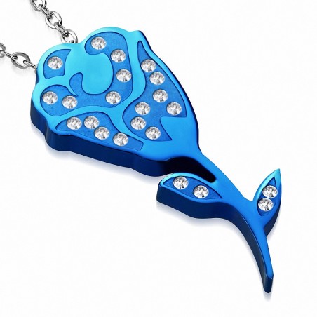 Pendentif en acier invisible anodisé bleu avec fleur de rose et fleur de rose