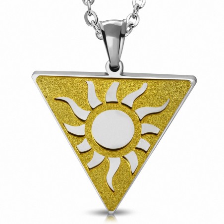 Pendentif miroir en forme de triangle de fleurs avec emblème fleur en acier inoxydable sablé à 2 tons