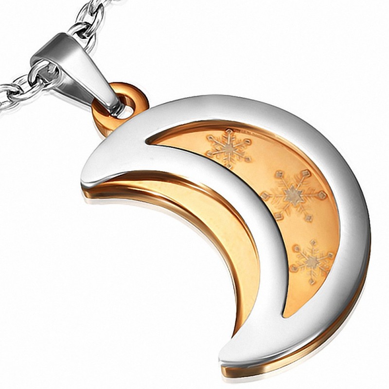 Pendentif demi-lune rosée et croissant de lune argenté avec étoile brillante en acier inoxydable