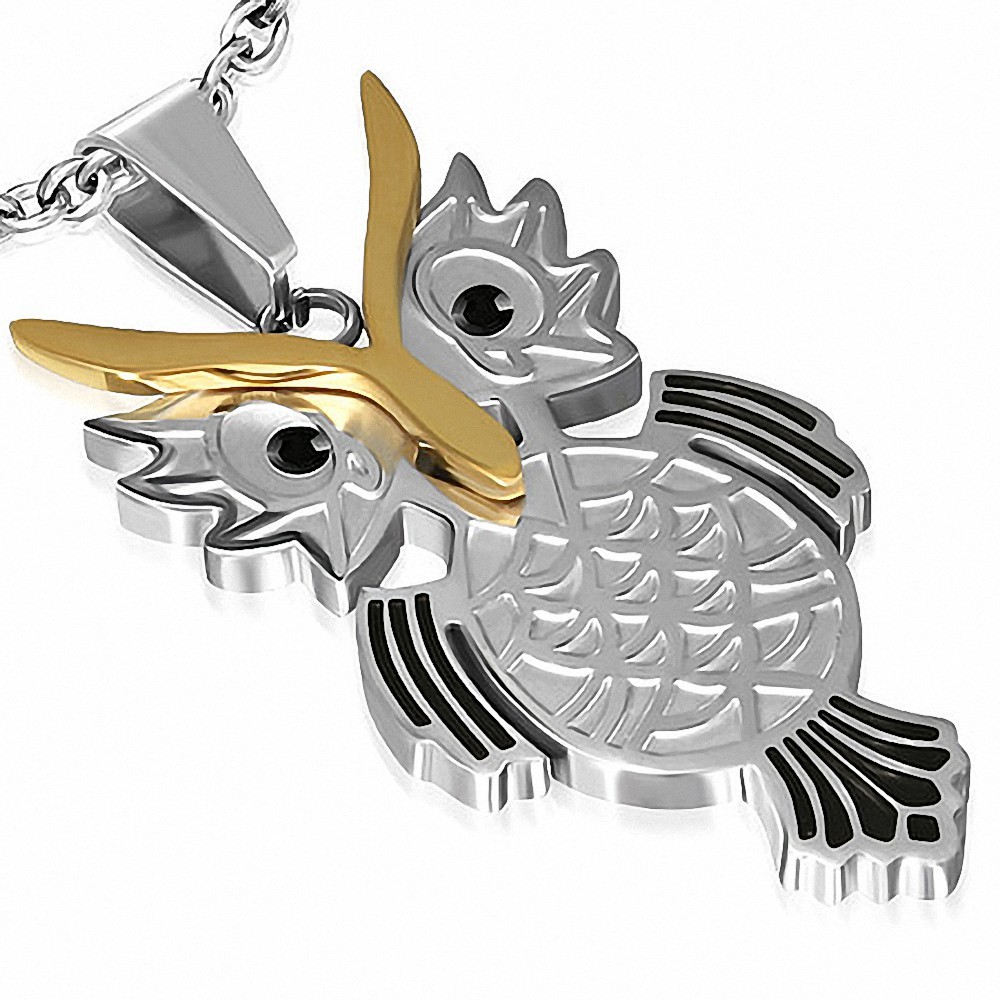 Pendentif hibou en acier inoxydable argenté/doré et gemme noir