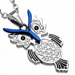 Pendentif hibou en acier inoxydable argenté/bleu et gemme noir