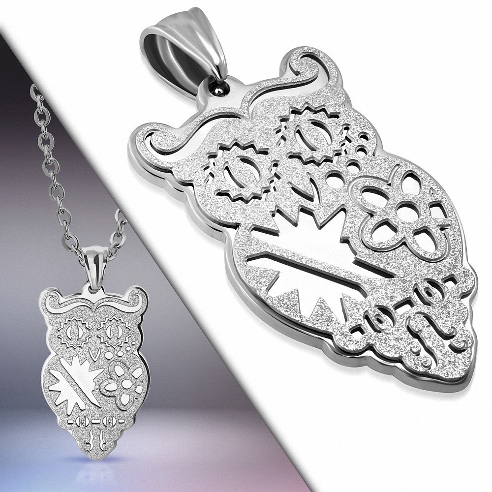 Pendentif avec miroir de hibou sablé  fleur en acier inoxydable