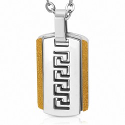 Pendentif type plaque militaire en acier inoxydable avec clé grecque découpée et bord sablé