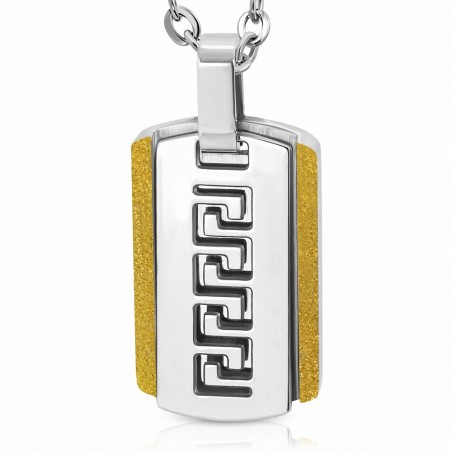 Pendentif type plaque militaire en acier inoxydable avec clé grecque découpée et bord sablé doré