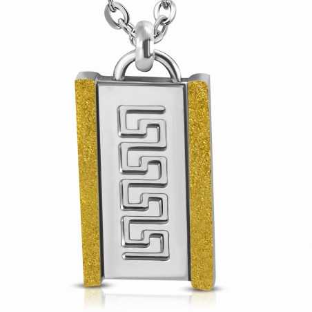Pendentif rectangulaure en acier inoxydable avec clé grecque découpée et bord sablé doré
