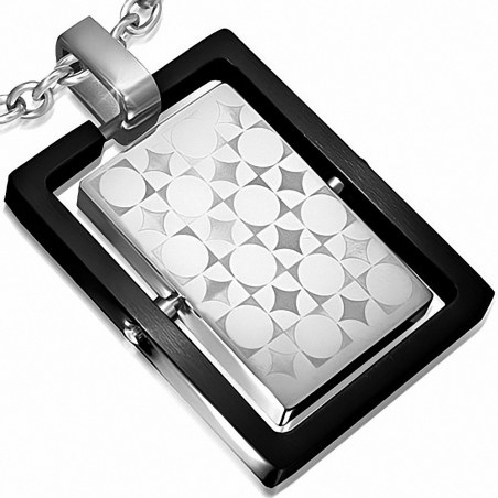 Pendentif rectangulaire noir avec plaque pivotante argentée et formes géométriques