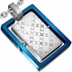 Pendentif rectangulaire bleu avec plaque pivotante argentée et formes géométriques