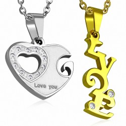 Couple pendentif puzzle  coeur ouvert avec monogramme d'amour en 2 parties en acier inoxydable gemme