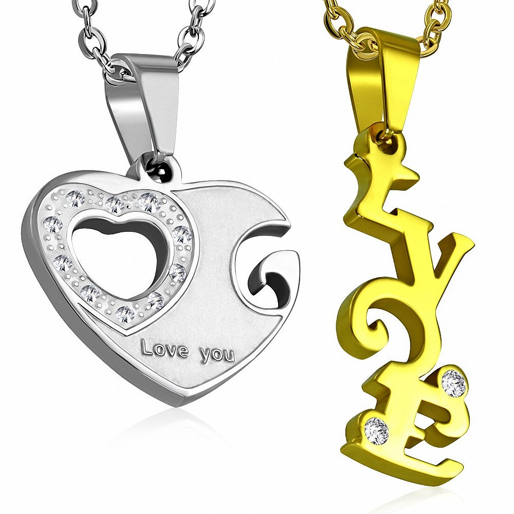 Couple pendentif puzzle  coeur ouvert avec monogramme d'amour en 2 parties en acier inoxydable gemme