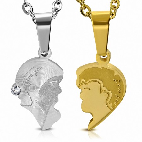 Pendentif puzzle pour couple en acier inoxydable Love You en 2 parties argenté et doré