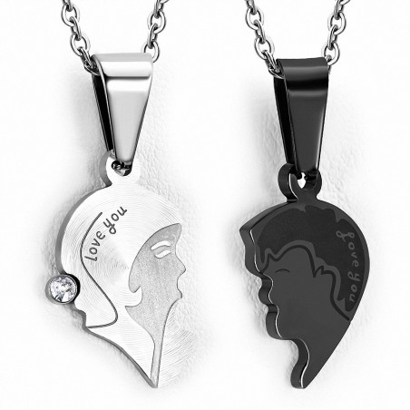 Pendentif puzzle pour couple en acier inoxydable Love You en 2 parties argenté et noir