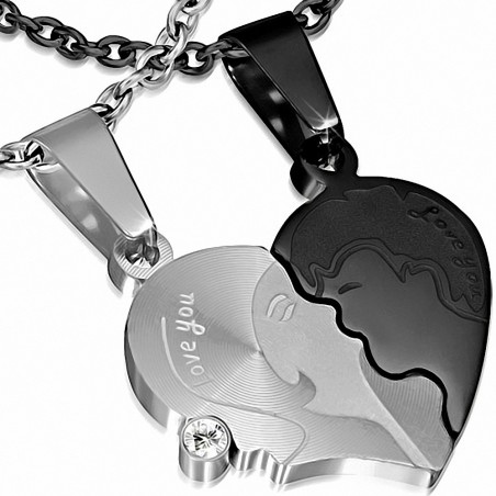 Pendentif puzzle pour couple en acier inoxydable Love You en 2 parties argenté et noir