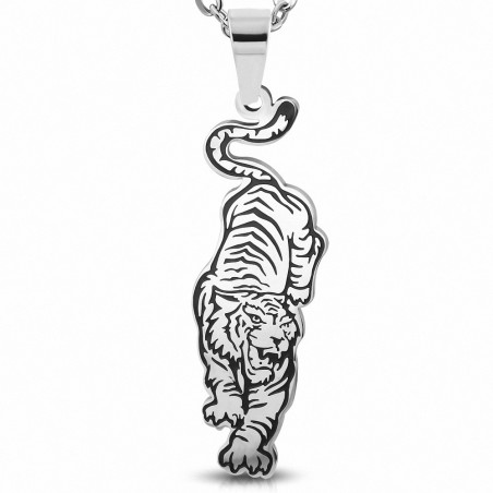 Pendentif signe du zodiaque chinois avec 2 tigres rugissants en acier inoxydable