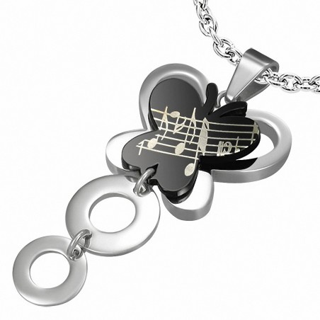 Pendentif cercle papillon Notes de musique en acier inoxydable à deux tons