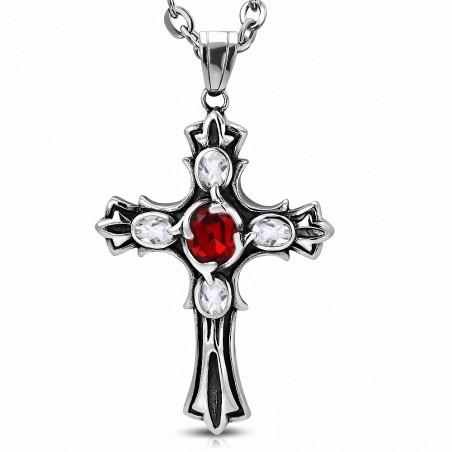 Pendentif motard deux tons en acier inoxydable Croix Fleur De Lis centre rouge