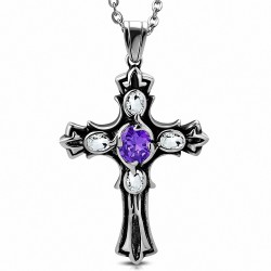 Pendentif motard deux tons en acier inoxydable Croix Fleur De Lis centre violet