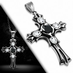 Pendentif motard deux tons en acier inoxydable Croix Fleur De Lis centre noir