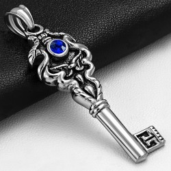 Pendentif motard en acier inoxydable clé squelette et gemme bleu royal