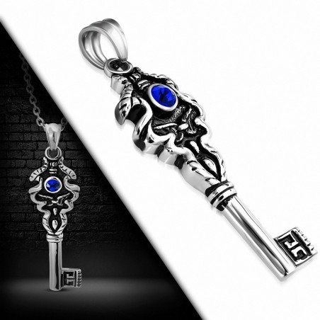 Pendentif motard en acier inoxydable clé squelette et gemme bleu royal