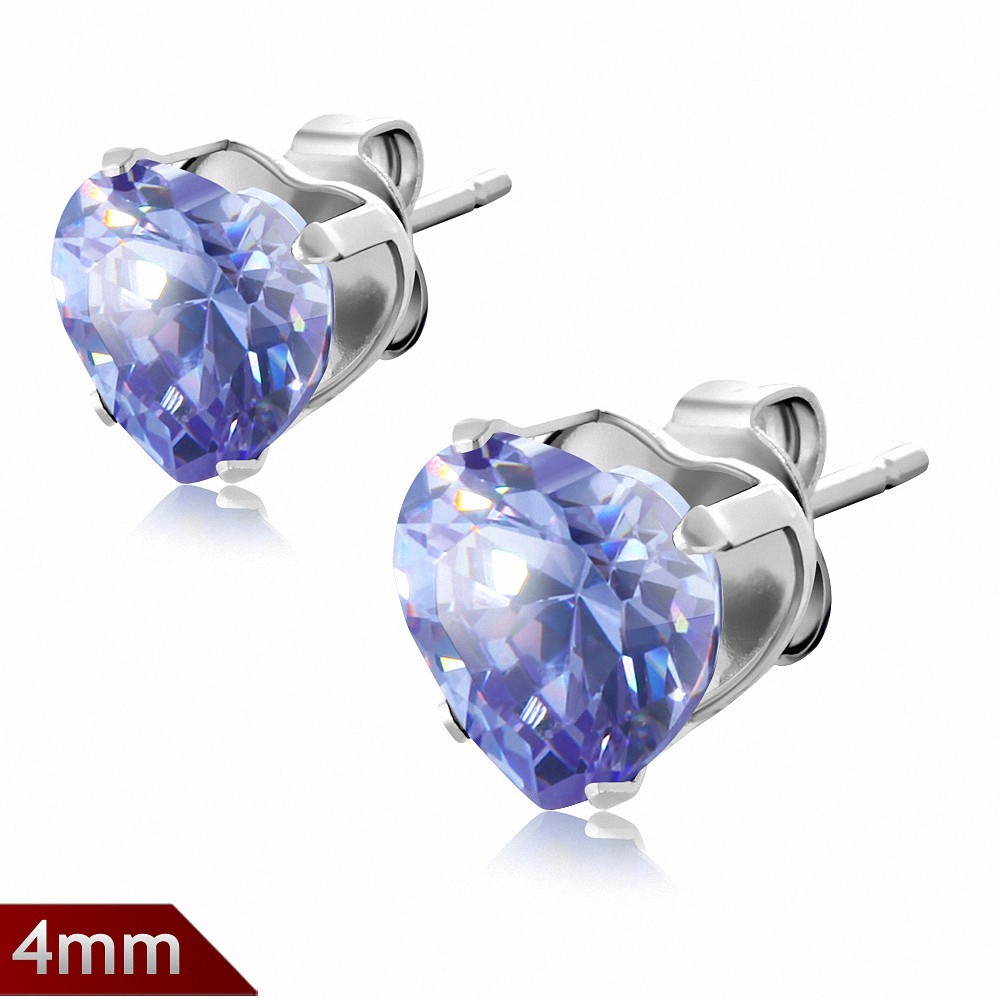 Paire boucles d'oreilles avec broche en acier inoxydable de 4mm sertie de pierres de naissance de février en forme de cœur