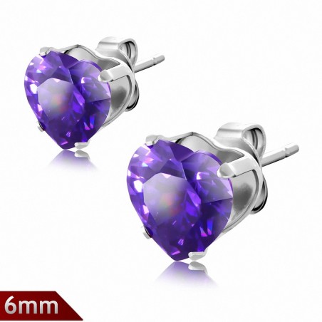 Paire boucles d'oreilles avec broche en acier inoxydable de 6mm sertie de pierres de naissance de février en forme de cœur