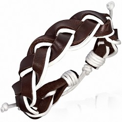 Bracelet ajustable tressé en cuir chocolat et corde blanche