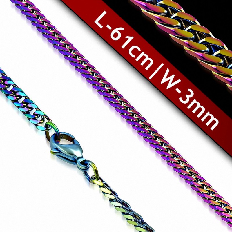 L-61cm | Chaîne à maillons gourmands cubains plats en acier inoxydable anodisé en acier inoxydable anodisé W-3mm
