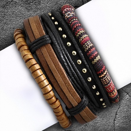 Ensemble de bracelets en cuir noir brun tissu et perles en bois Stretch Beads