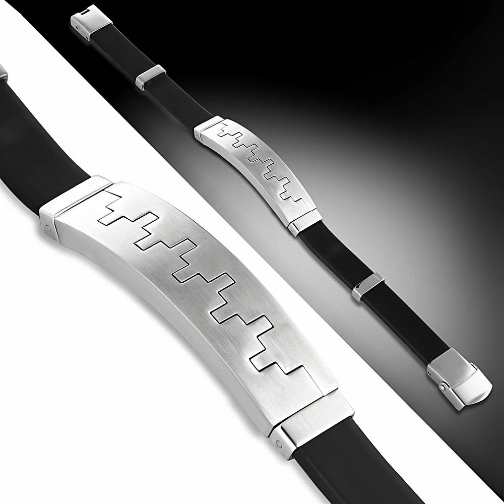 Bracelet en caoutchouc noir avec montre à motif géométrique en acier inoxydable