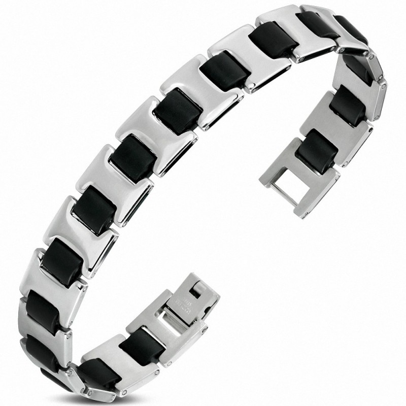 L-19cm | Bracelet à maillons  hommes en acier inoxydable avec caoutchouc noir Alphabet I