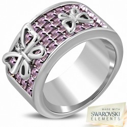 Bague fantaisie papillon en cuivre plaqué platine sertie de canaux avec cristaux Rose