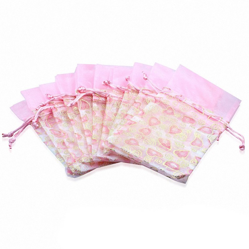 12x22cm | Pochon cadeau pour bijoux en organza rose motif cœur (unité)