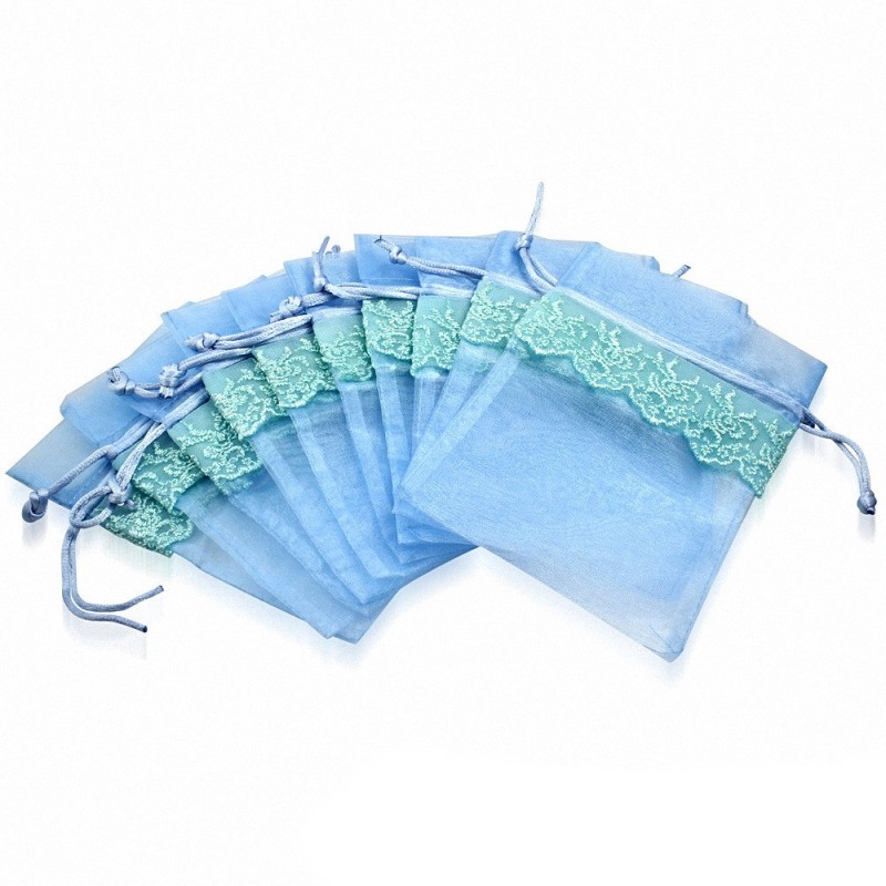 11x16cm | Pochon cadeau pour bijoux en organza bleu motif vigne dentelle (unité)