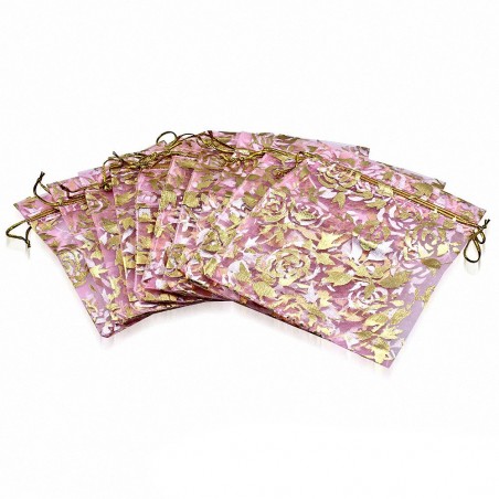 10x12cm | Sachet cadeau pour bijoux en organza rose motif fleur de vigne doré (unité)