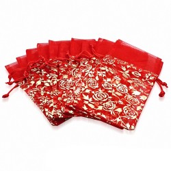 12x22cm | Pochon cadeau pour bijoux en organza rouge et doré motif rose fleur de vigne (unité)