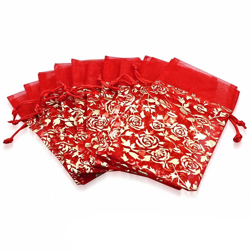 12x22cm | Pochon cadeau pour bijoux en organza rouge et doré motif rose fleur de vigne (unité)