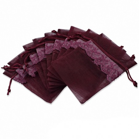 11x16cm | Sachet cadeau pour bijou en organza marron motif vigne dentelle (unité)