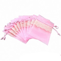 11x16cm | Pochon cadeau pour bijoux en organza rose motif dentelle vigne (unité)