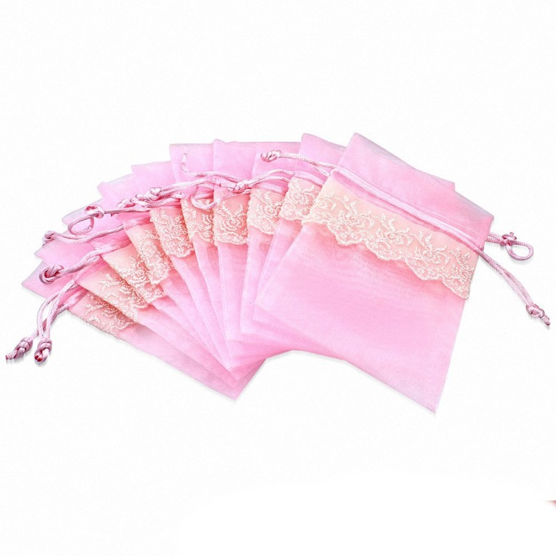 11x16cm | Pochon cadeau pour bijoux en organza rose motif dentelle vigne (unité)