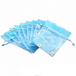 12x22cm | Bleu clair Organza Fleur Vigne Broderie Cordon Bijoux Sachet cadeau (unité)