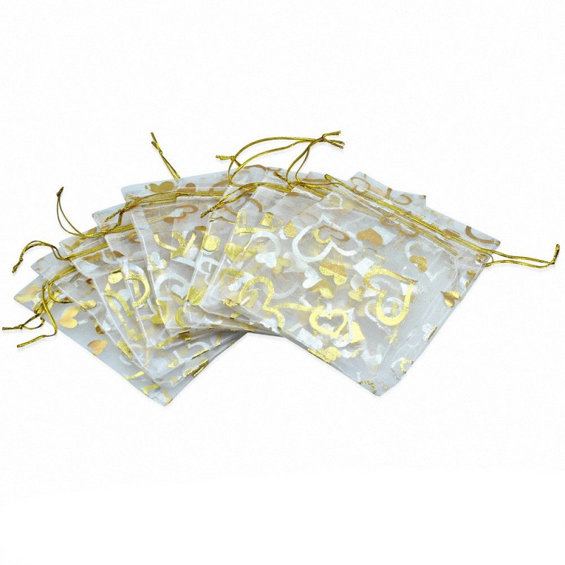 10x12cm | Organza blanc couleur or amour coeur cordon cordon sac cadeau pochette (unité)