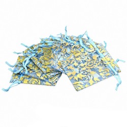 7x9cm | Organza bleu clair couleur or rose fleur vigne cordon cordon sac cadeau pochette (unité)