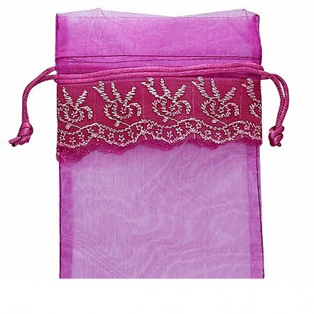 11x16cm | Rose Violet Organza Fleur Vigne Dentelle Cordon Bijoux Bijoux Pochette Sac (unité)