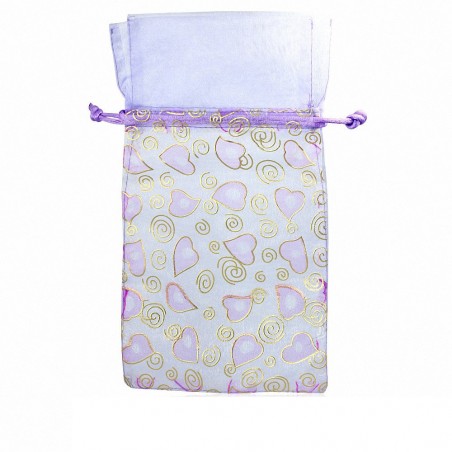 12x22cm | Sac-pochette cadeau bijoux coeur en organza violet clair (unité)