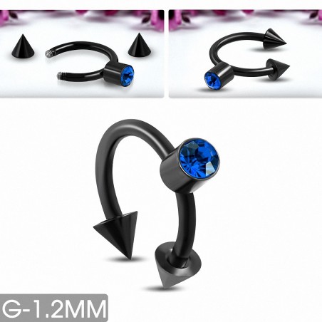 Piercing en fer à cheval en acier inoxydable anodisé noir avec Capri Blue CZ | Pointe conique 3 mm | G-1