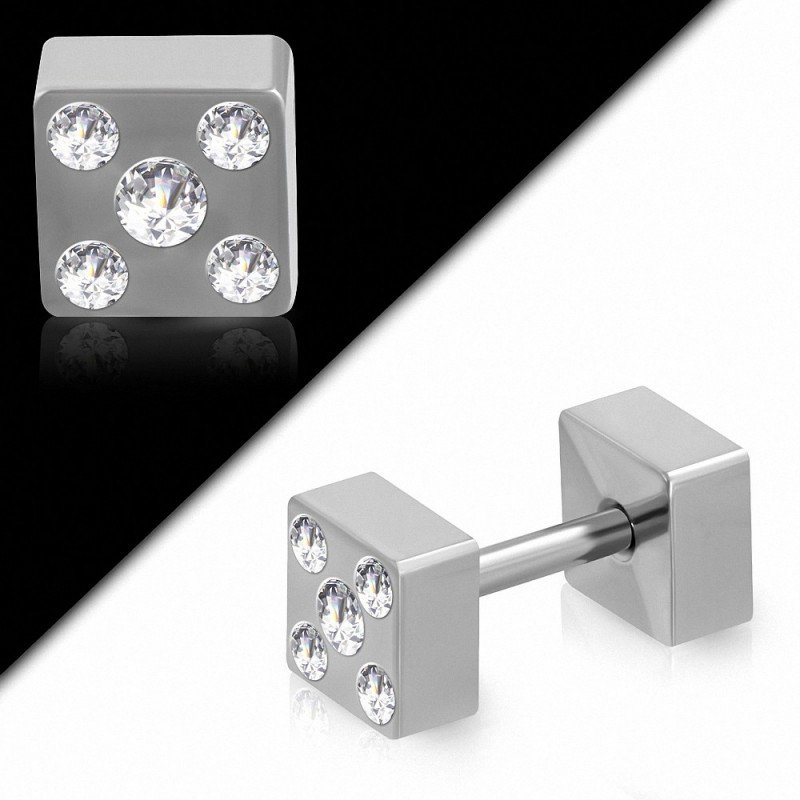 Piercing langue de Barbell droit en acier inoxydable noir avec des chanceux avec CZ transparent | Carré 5 mm | G-1 Piercing langue de Barbell droit en acier inoxydable noir avec des chanceux avec CZ transparent | Carré 5 mm | G-1