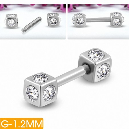 Piercing langue barbell cube en acier inoxydable avec CZ incolore | Cube 3mm | G-1