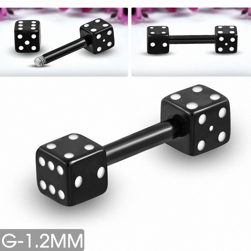 Piercing langue Barbell droit en acier inoxydable noir avec porte-bonheur | Cube 3mm | G-1 Piercing langue Barbell droit en acier inoxydable noir avec porte-bonheur | Cube 3mm | G-1